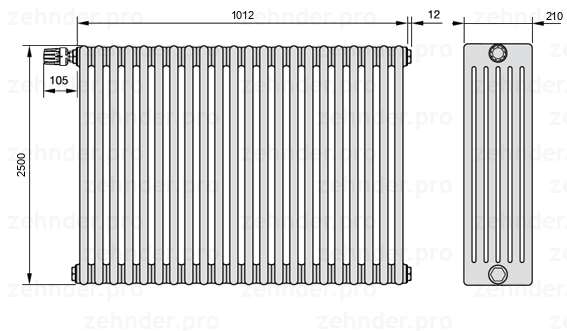 Схема (чертеж) Радиатор Zehnder Charleston 6250/22 №V012 Белый глянцевый RAL 9016